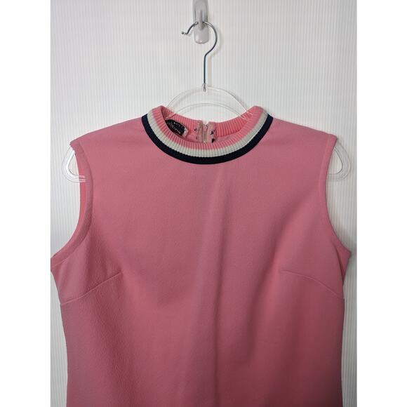 Vintage 60's Sleeveless Shift Dress Pink Striped Trim Neckline Polyester - Picture 3 of 7